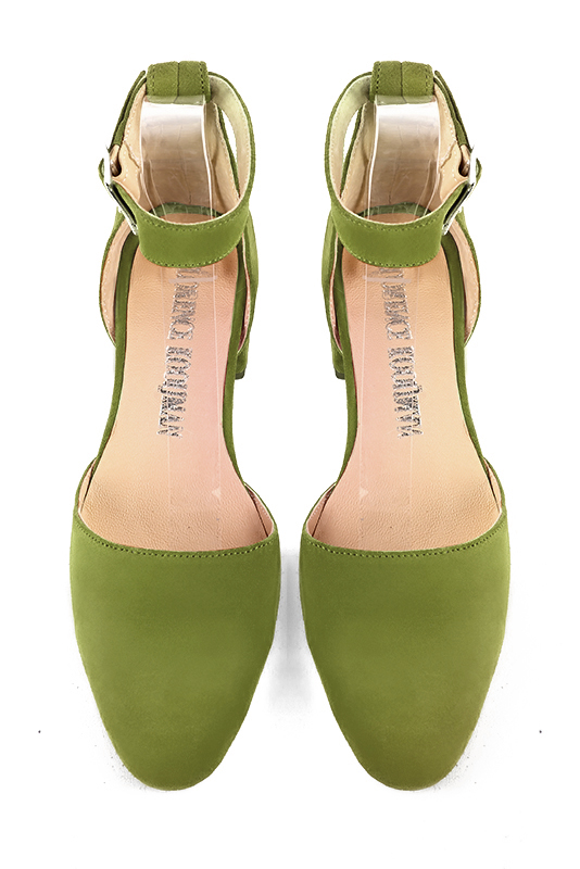 Pistachio green women's open side shoes, with a strap around the ankle. Round toe. Low block heels. Top view - Florence KOOIJMAN